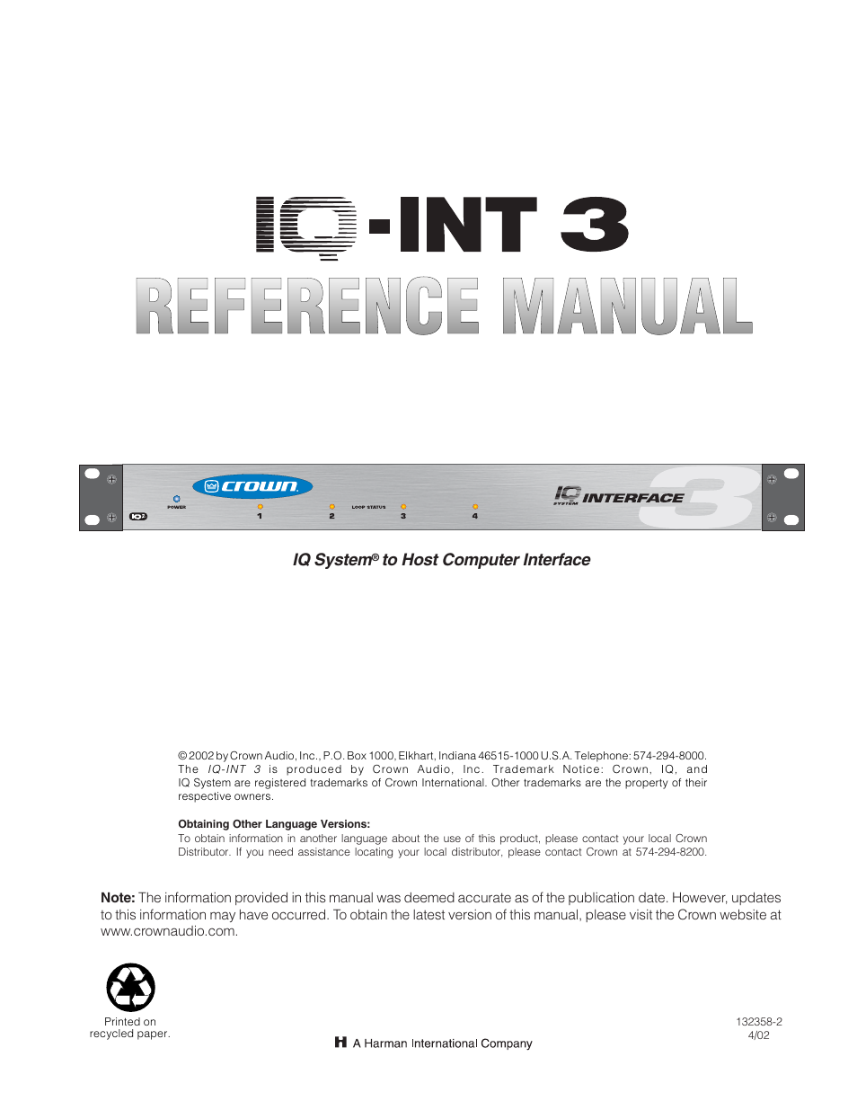 Crown Audio IQ-INT3 User Manual | 16 pages