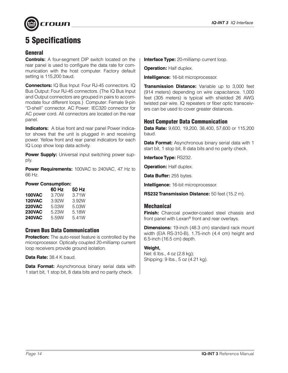 5 specifications | Crown Audio IQ-INT3 User Manual | Page 14 / 16