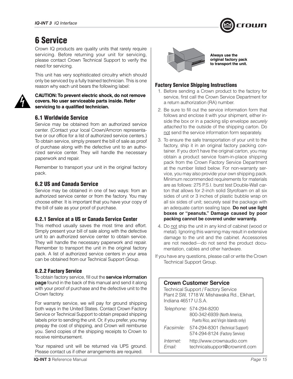 6 service | Crown Audio IQ-INT3 User Manual | Page 15 / 16