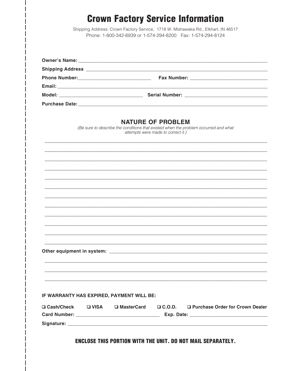 Crown factory service information, Nature of problem | Crown Audio IQ-INT3 User Manual | Page 16 / 16