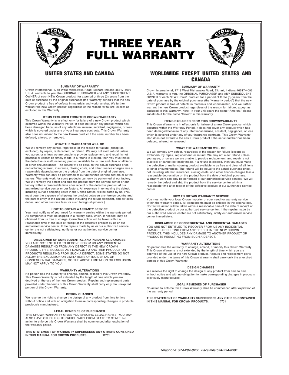 Three year full warranty | Crown Audio IQ-INT3 User Manual | Page 2 / 16