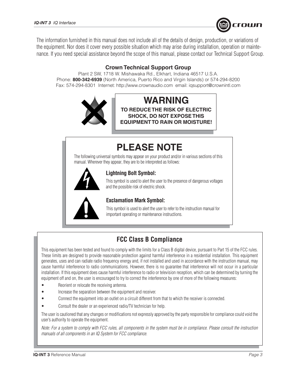 Warning, Fcc class b compliance | Crown Audio IQ-INT3 User Manual | Page 3 / 16