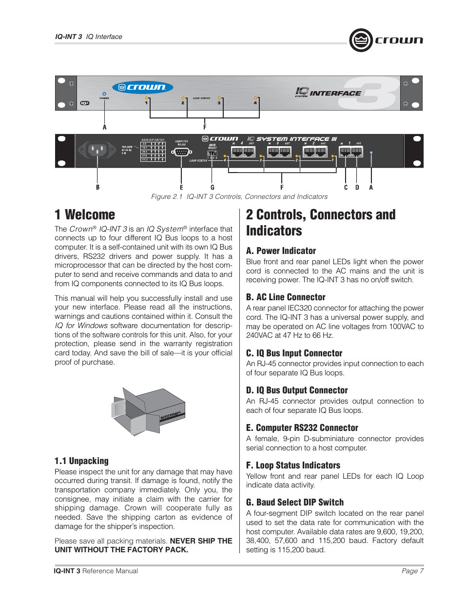 1 welcome, 2 controls, connectors and indicators | Crown Audio IQ-INT3 User Manual | Page 7 / 16