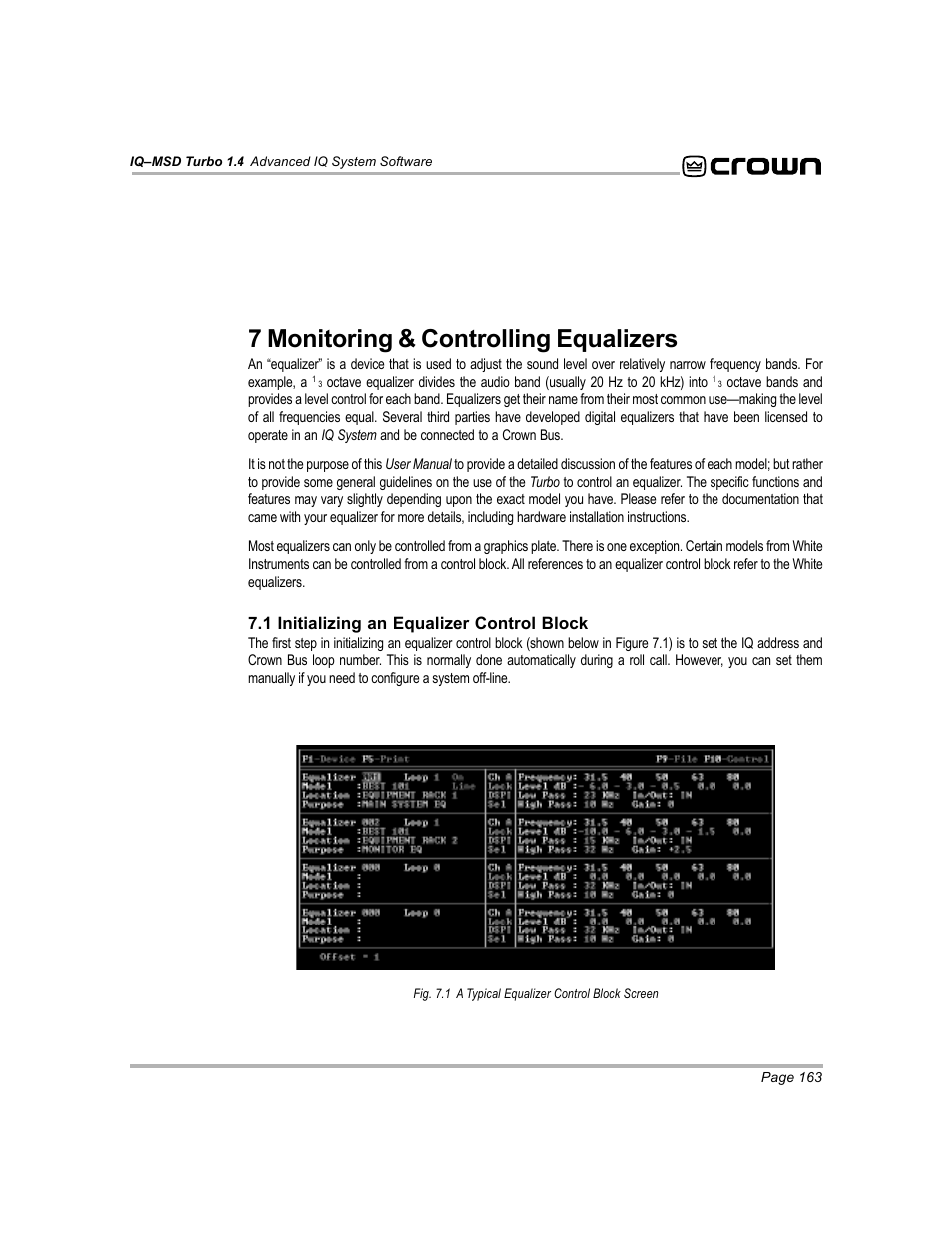 7 monitoring & controlling equalizers | Crown Audio IQ-MSD Turbo Software User Manual | Page 163 / 222