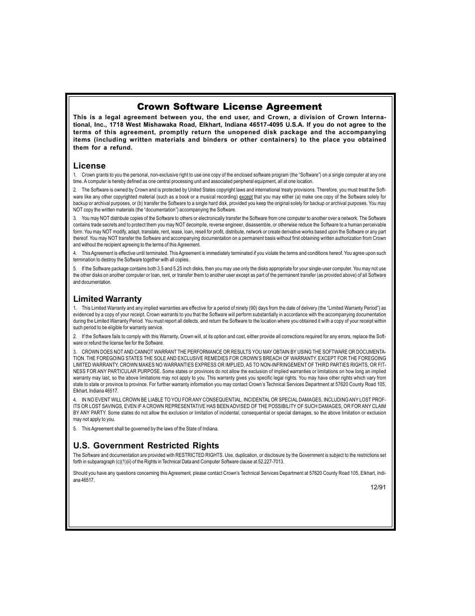 Crown software license agreement, License, Limited warranty | U.s. government restricted rights | Crown Audio IQ-MSD Turbo Software User Manual | Page 2 / 222