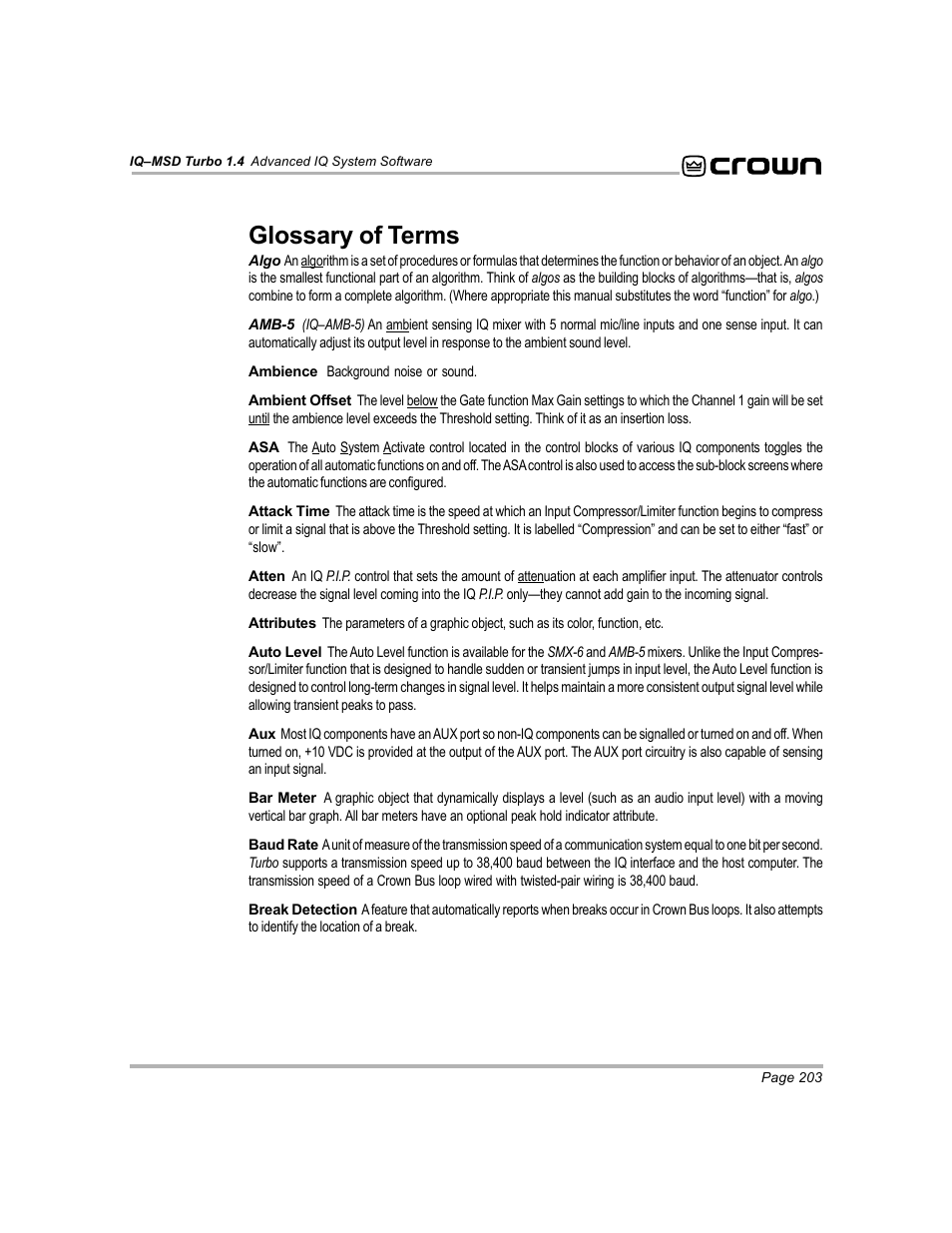 Glossary of terms | Crown Audio IQ-MSD Turbo Software User Manual | Page 203 / 222