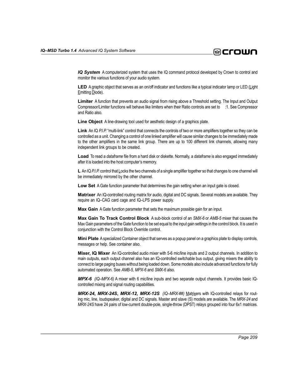 Crown Audio IQ-MSD Turbo Software User Manual | Page 209 / 222