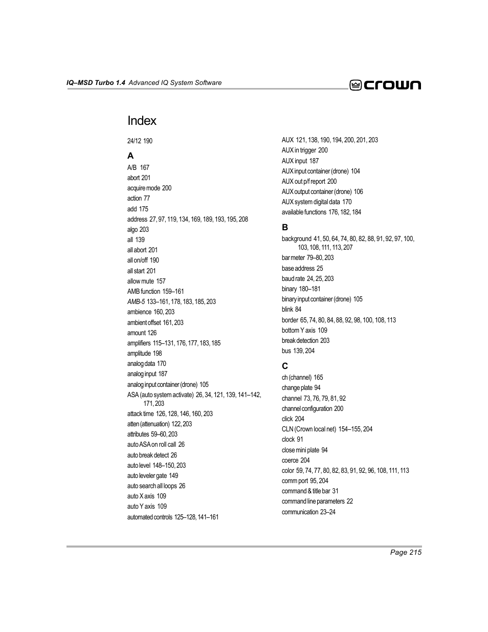 Index | Crown Audio IQ-MSD Turbo Software User Manual | Page 215 / 222