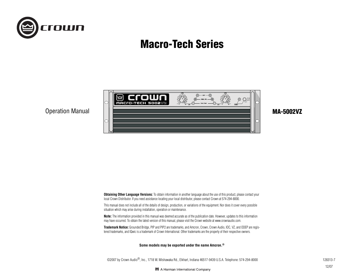 Crown Audio Macro-Tech MA5002VZ User Manual | 28 pages