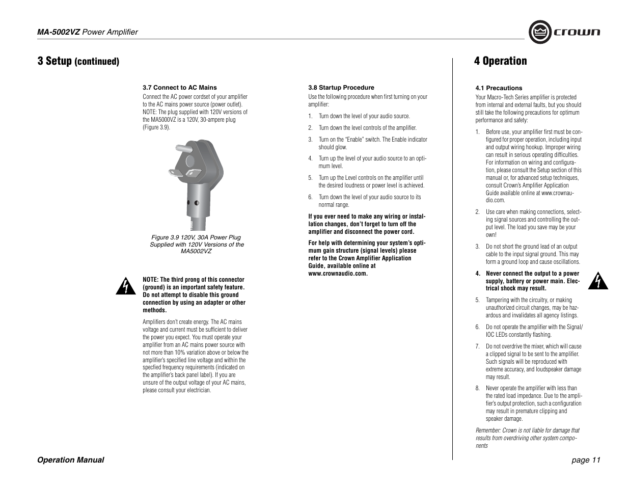 3 setup, 4 operation, Continued) | Crown Audio Macro-Tech MA5002VZ User Manual | Page 11 / 28