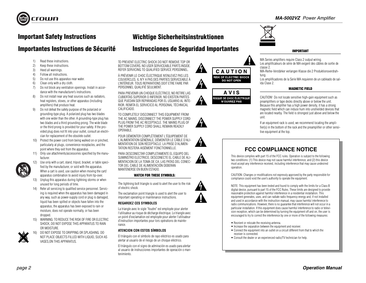 Important safety instructions, Fcc compliance notice | Crown Audio Macro-Tech MA5002VZ User Manual | Page 2 / 28
