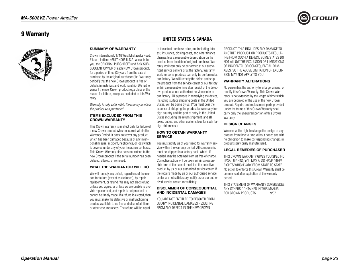 9 warranty | Crown Audio Macro-Tech MA5002VZ User Manual | Page 23 / 28