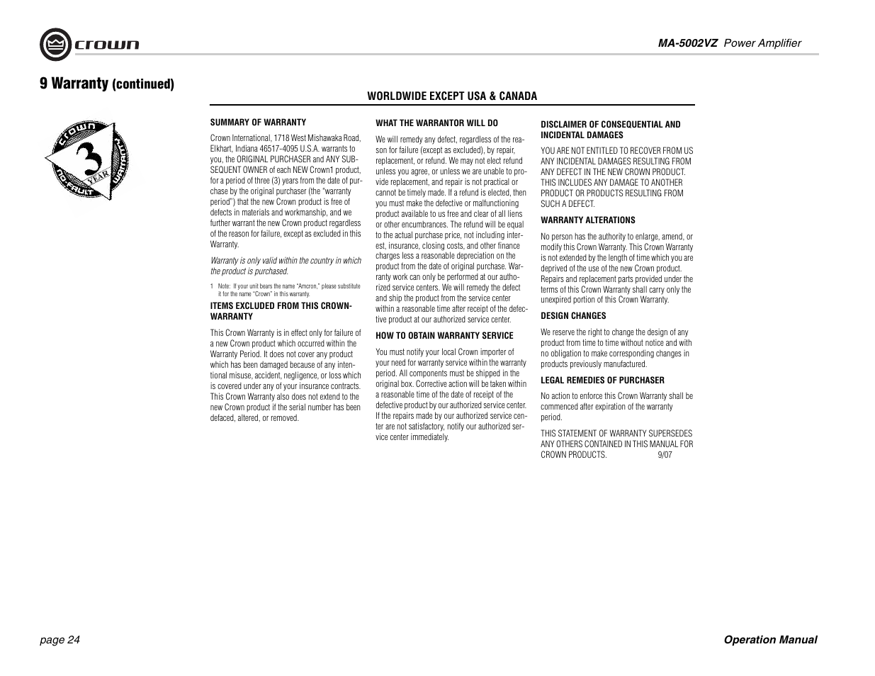 9 warranty, Continued) | Crown Audio Macro-Tech MA5002VZ User Manual | Page 24 / 28