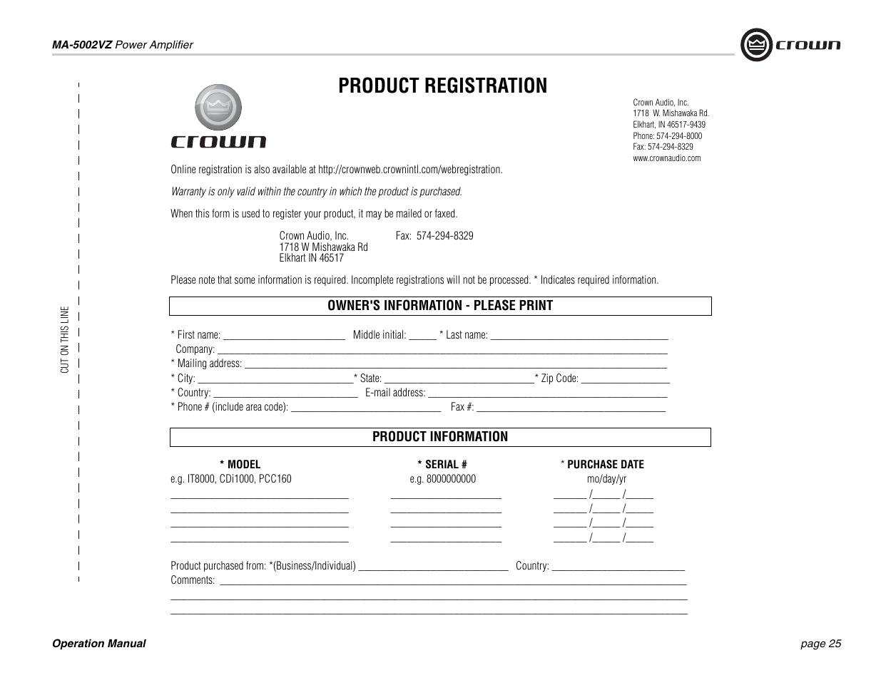 Product registration | Crown Audio Macro-Tech MA5002VZ User Manual | Page 25 / 28