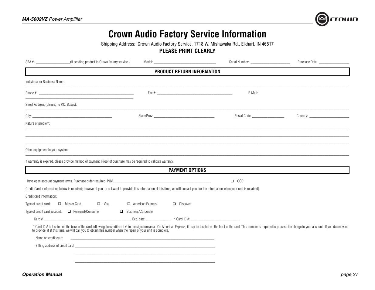 Crown audio factory service information, Please print clearly | Crown Audio Macro-Tech MA5002VZ User Manual | Page 27 / 28