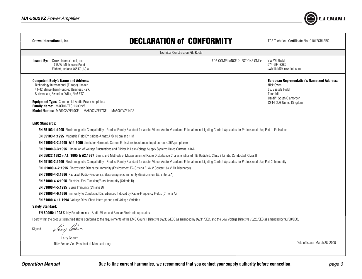 Declaration of conformity | Crown Audio Macro-Tech MA5002VZ User Manual | Page 3 / 28