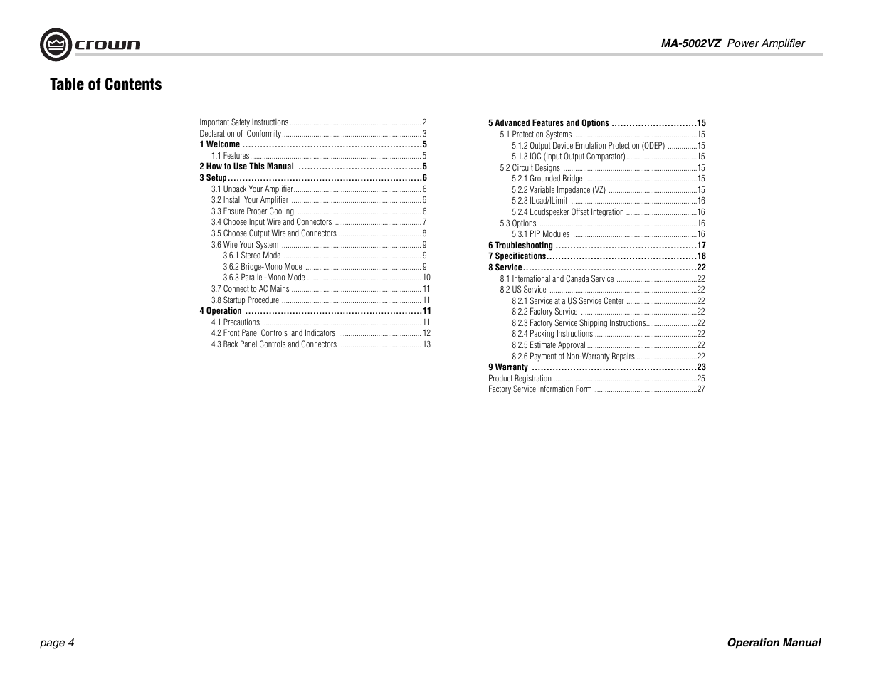 Crown Audio Macro-Tech MA5002VZ User Manual | Page 4 / 28