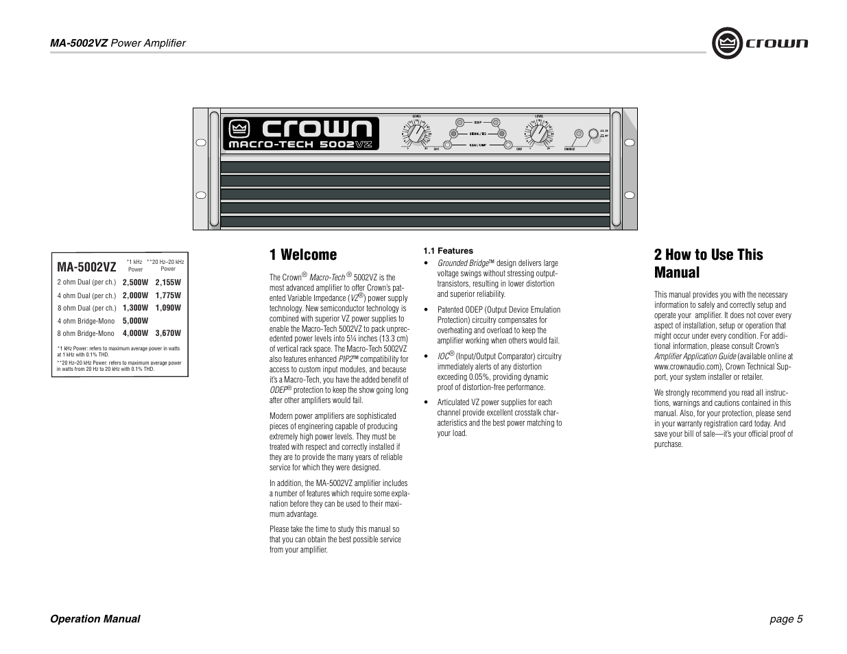 1 welcome, 2 how to use this manual, Ma-5002vz | Crown Audio Macro-Tech MA5002VZ User Manual | Page 5 / 28