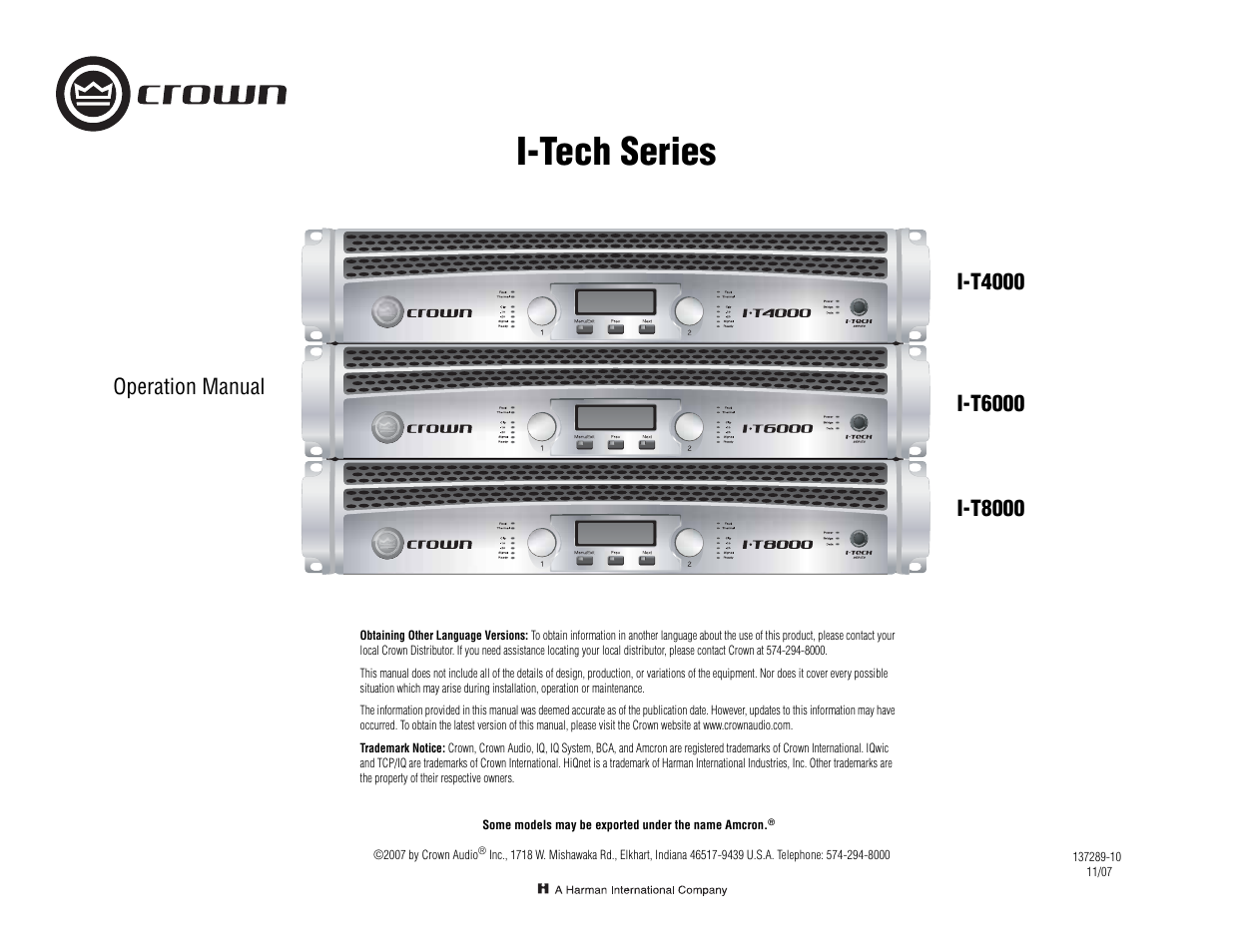 Crown Audio I-Tech I-T8000 User Manual | 48 pages