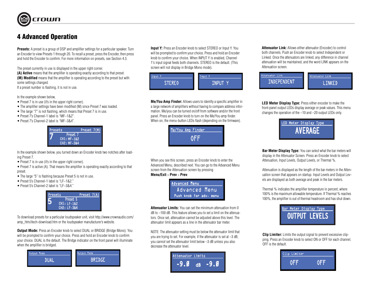 Average, Output levels, 4 advanced operation | Crown Audio I-Tech I-T8000 User Manual | Page 18 / 48