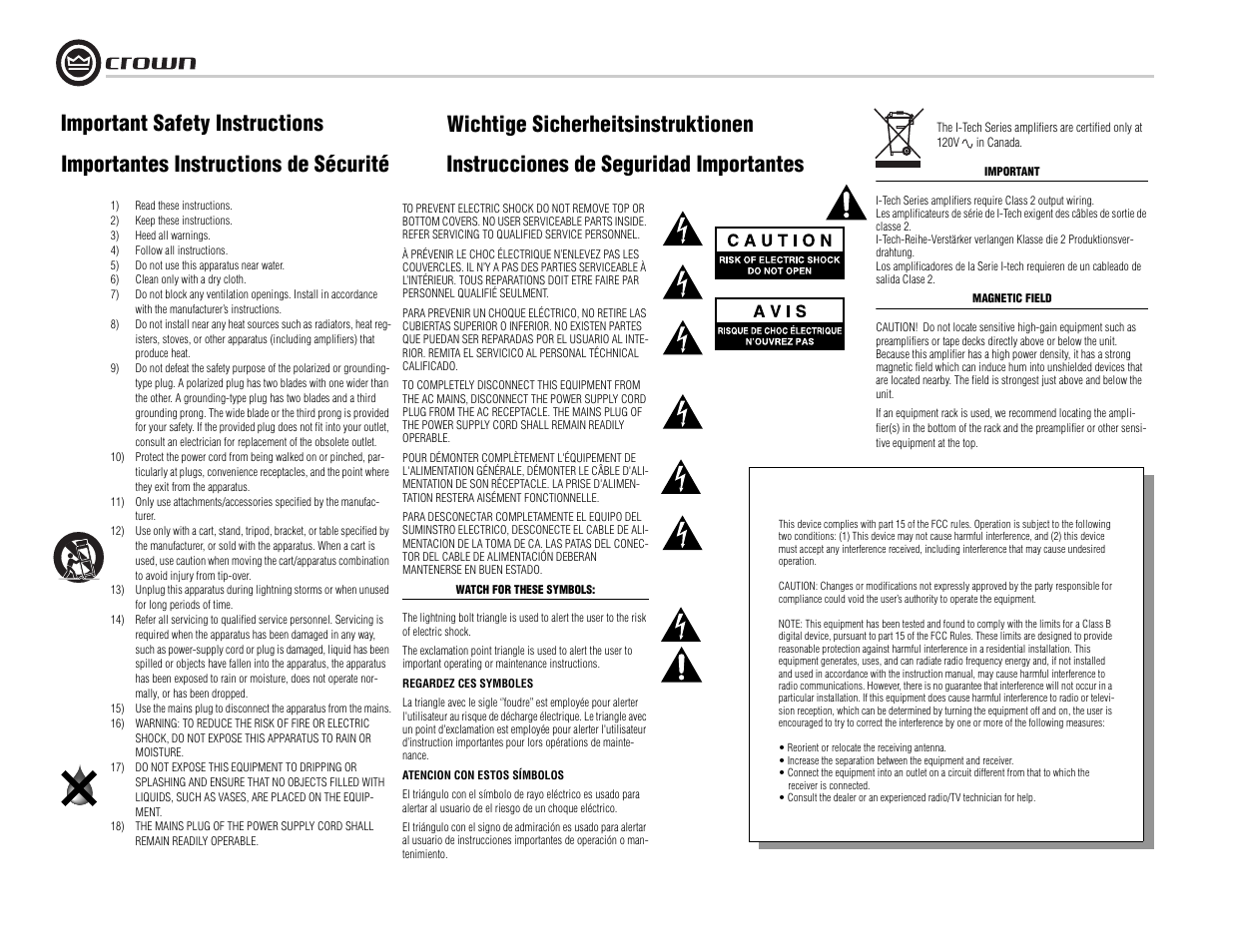 Important safety instructions, Fcc compliance notice | Crown Audio I-Tech I-T8000 User Manual | Page 2 / 48