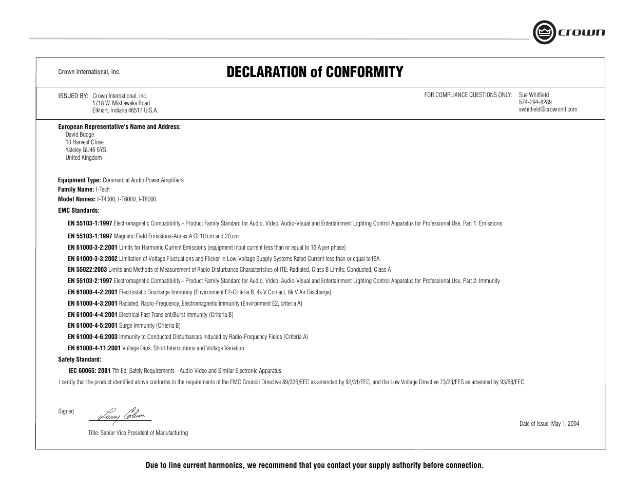 Declaration of conformity | Crown Audio I-Tech I-T8000 User Manual | Page 3 / 48