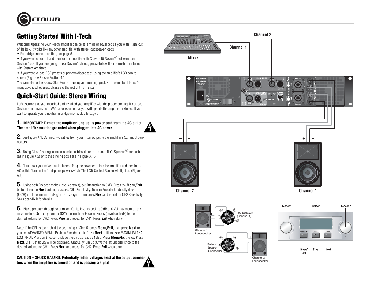 Getting started with i-tech, Quick-start guide: stereo wiring | Crown Audio I-Tech I-T8000 User Manual | Page 4 / 48