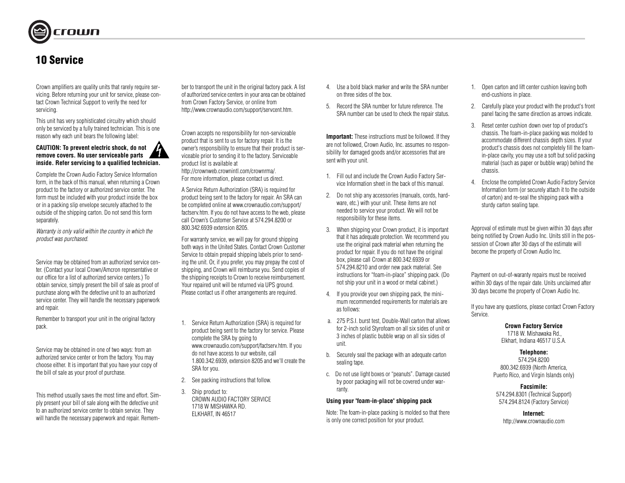 10 service | Crown Audio I-Tech I-T8000 User Manual | Page 40 / 48