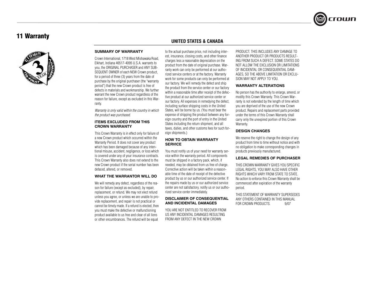 11 warranty | Crown Audio I-Tech I-T8000 User Manual | Page 41 / 48