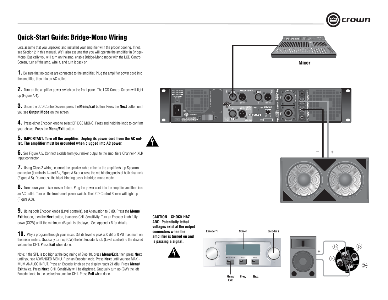 Quick-start guide: bridge-mono wiring | Crown Audio I-Tech I-T8000 User Manual | Page 5 / 48