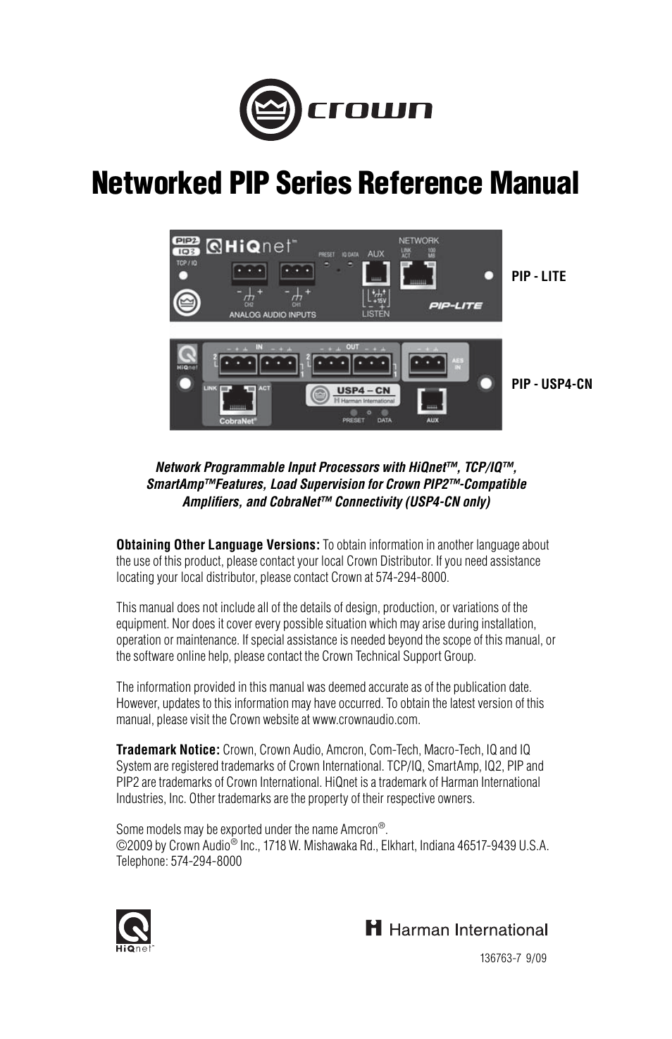 Crown Audio PIP-USP4 Module User Manual | 16 pages