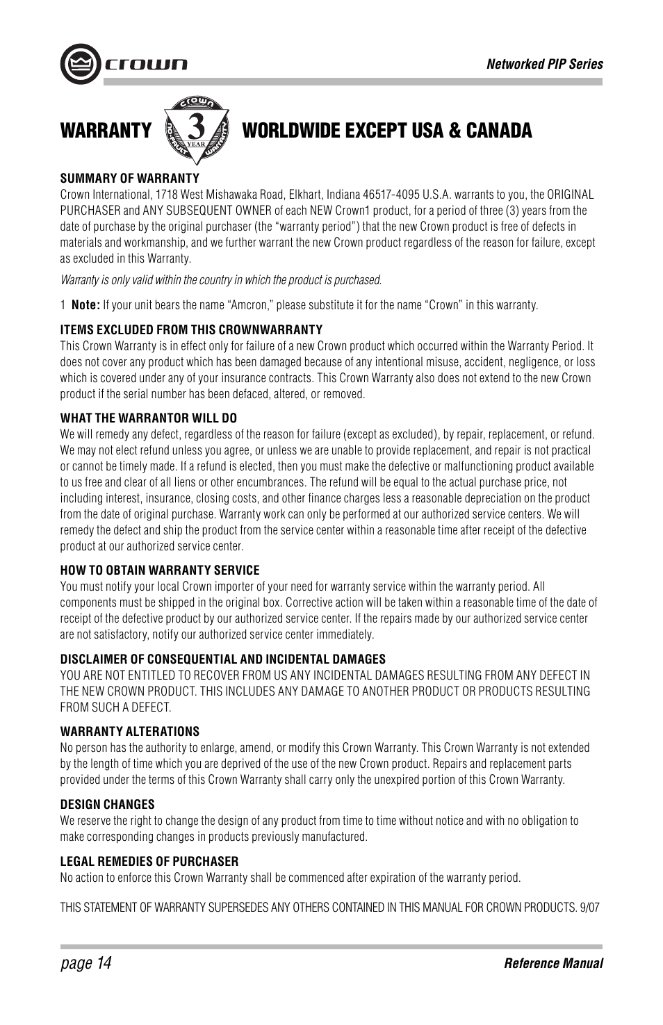 Warranty worldwide except usa & canada, Page 14 | Crown Audio PIP-USP4 Module User Manual | Page 14 / 16