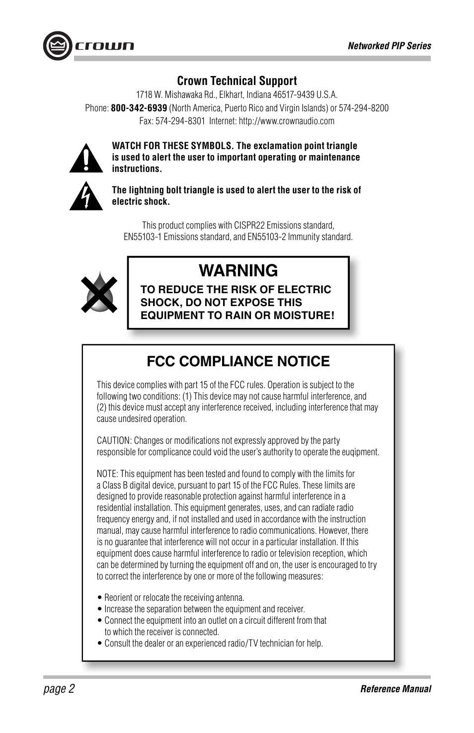 Warning, Fcc compliance notice | Crown Audio PIP-USP4 Module User Manual | Page 2 / 16