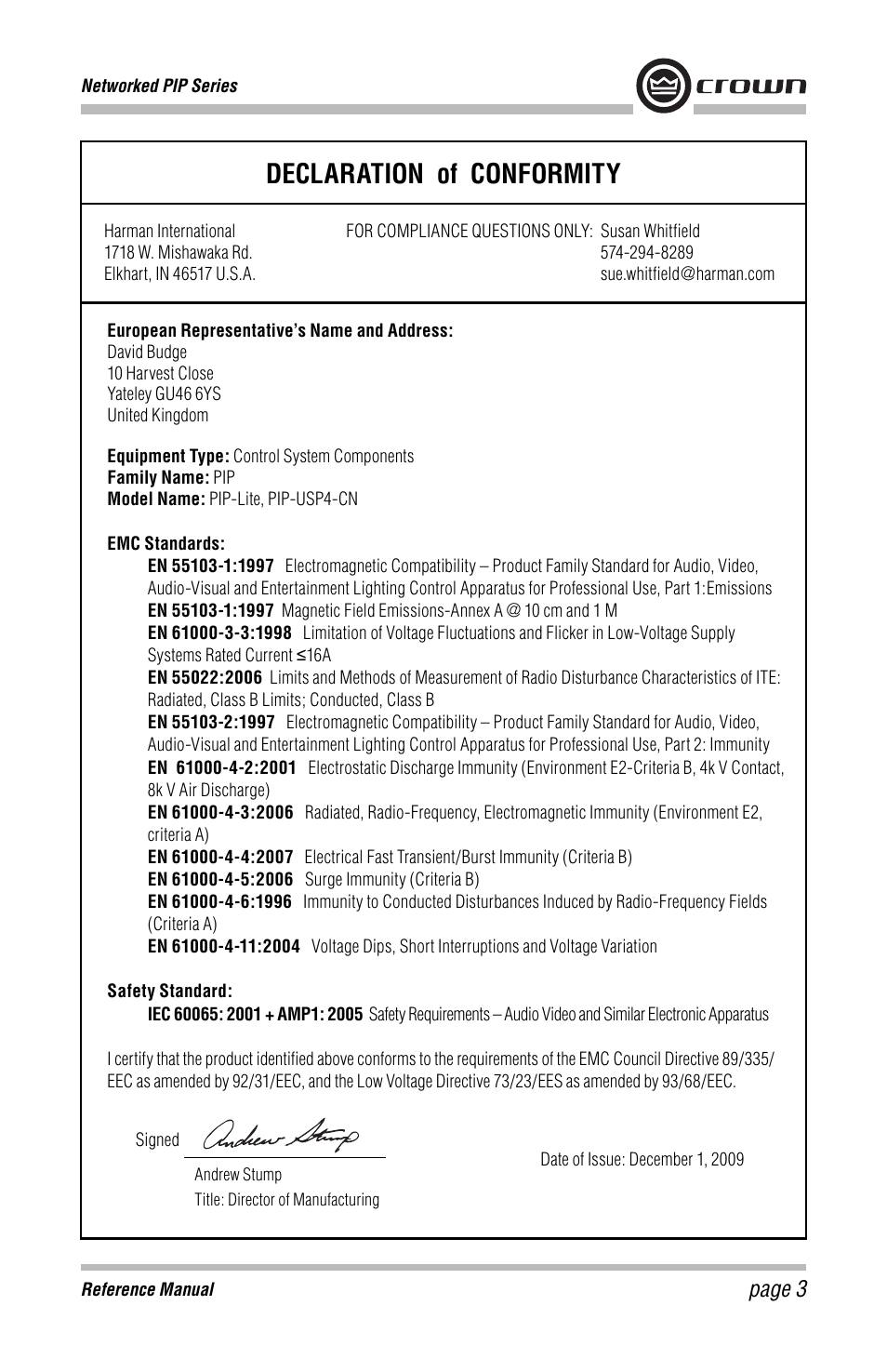 Declaration of conformity, Page 3 | Crown Audio PIP-USP4 Module User Manual | Page 3 / 16