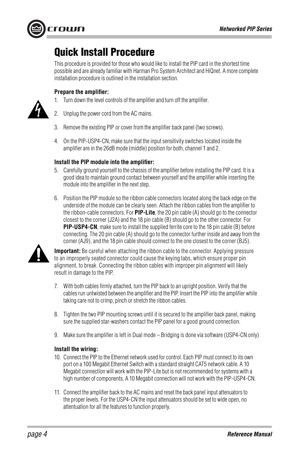 Quick install procedure, Page 4 | Crown Audio PIP-USP4 Module User Manual | Page 4 / 16