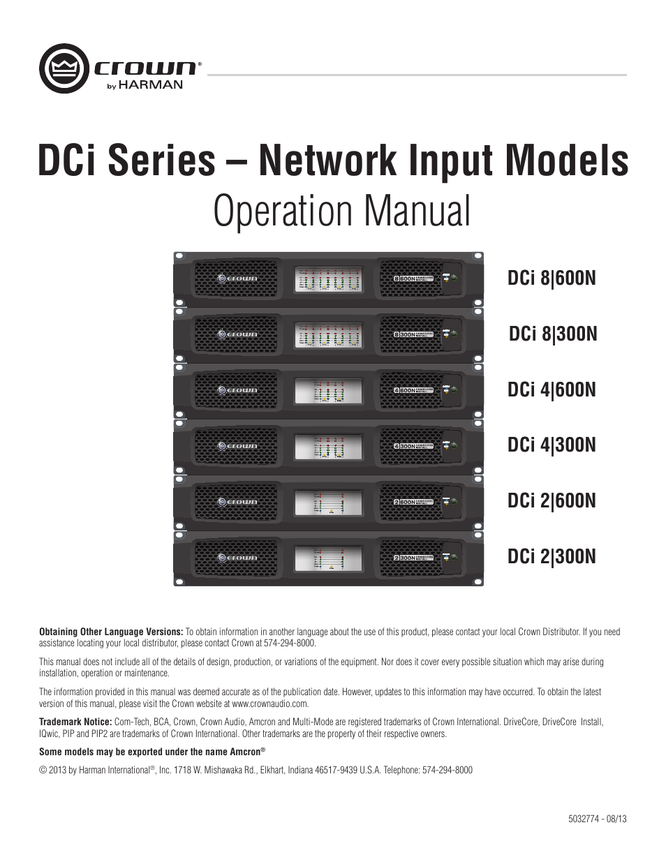 Crown Audio DCi Series – Network Input Models User Manual | 66 pages