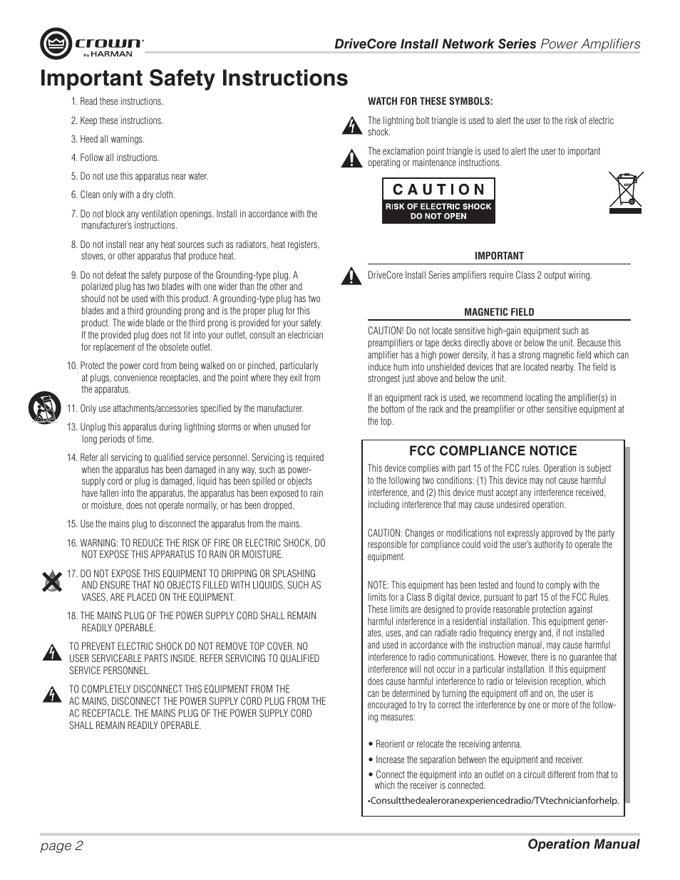 Important safety instructions, Fcc compliance notice | Crown Audio DCi Series – Network Input Models User Manual | Page 2 / 66