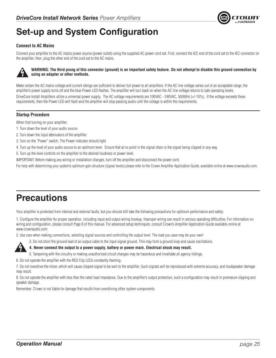 Set-up and system configuration, Precautions | Crown Audio DCi Series – Network Input Models User Manual | Page 25 / 66