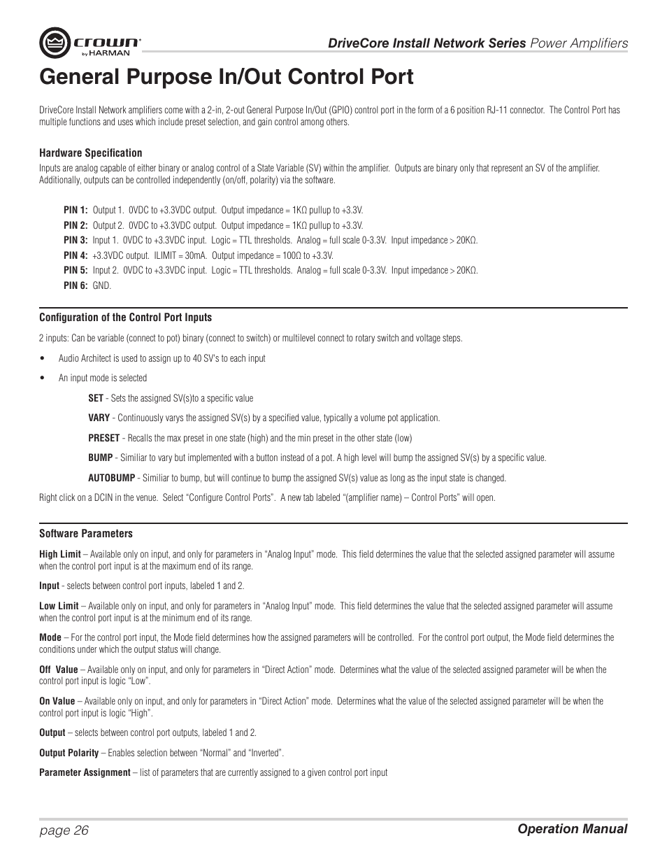 General purpose in/out control port | Crown Audio DCi Series – Network Input Models User Manual | Page 26 / 66
