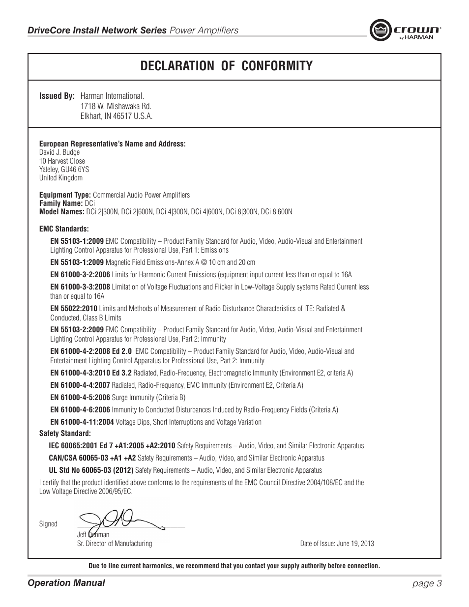 Declaration of conformity | Crown Audio DCi Series – Network Input Models User Manual | Page 3 / 66