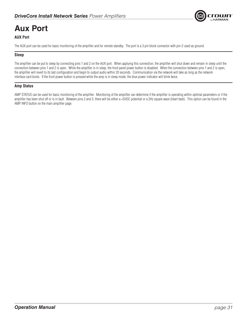 Aux port | Crown Audio DCi Series – Network Input Models User Manual | Page 31 / 66