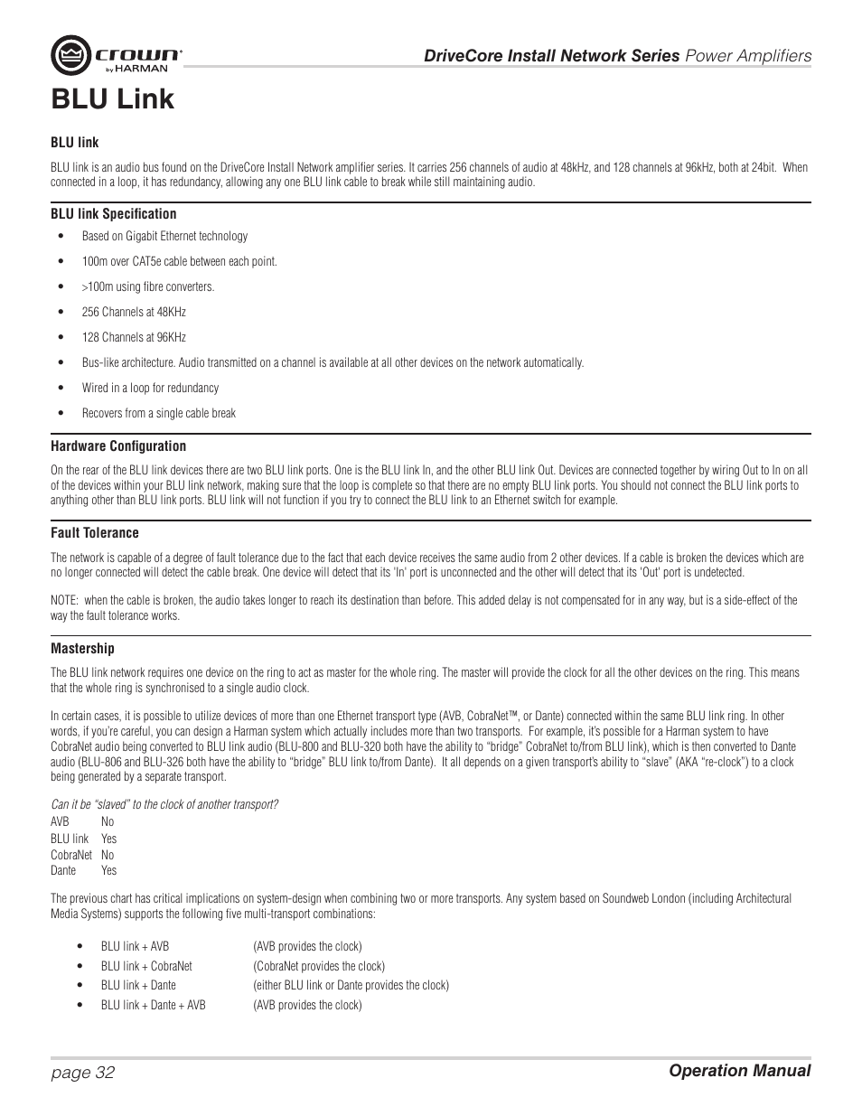 Blu link | Crown Audio DCi Series – Network Input Models User Manual | Page 32 / 66