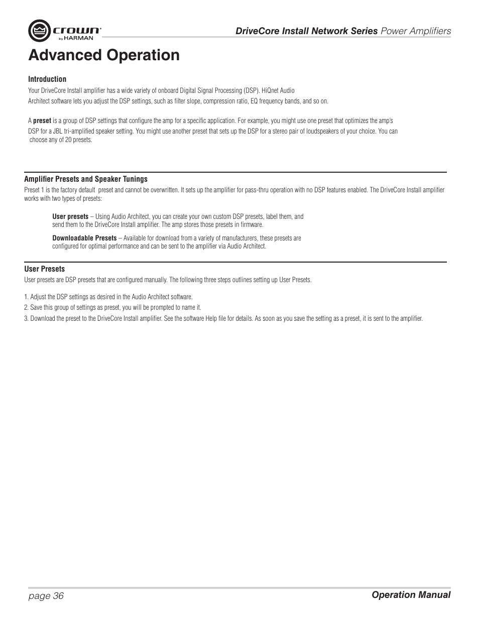Advanced operation | Crown Audio DCi Series – Network Input Models User Manual | Page 36 / 66