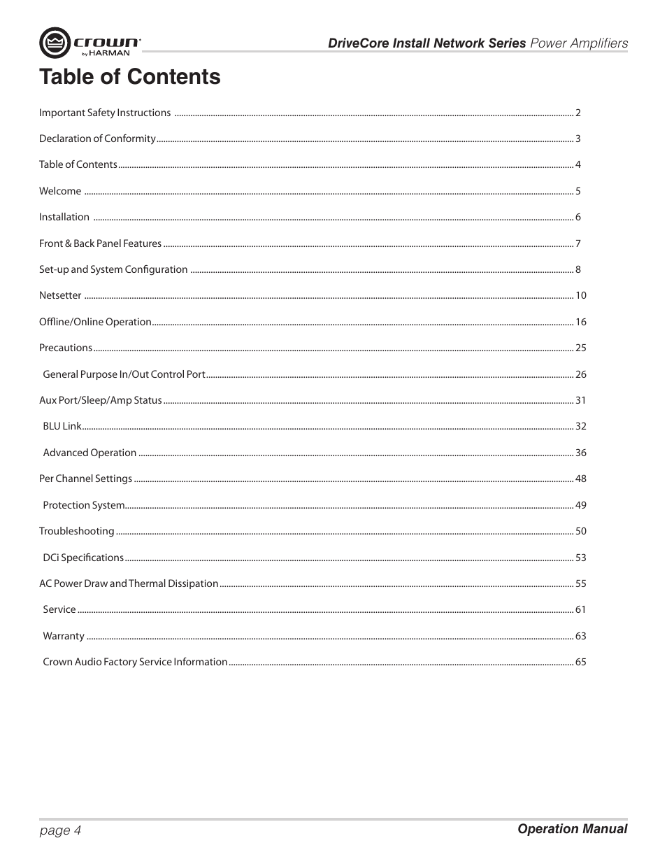Crown Audio DCi Series – Network Input Models User Manual | Page 4 / 66
