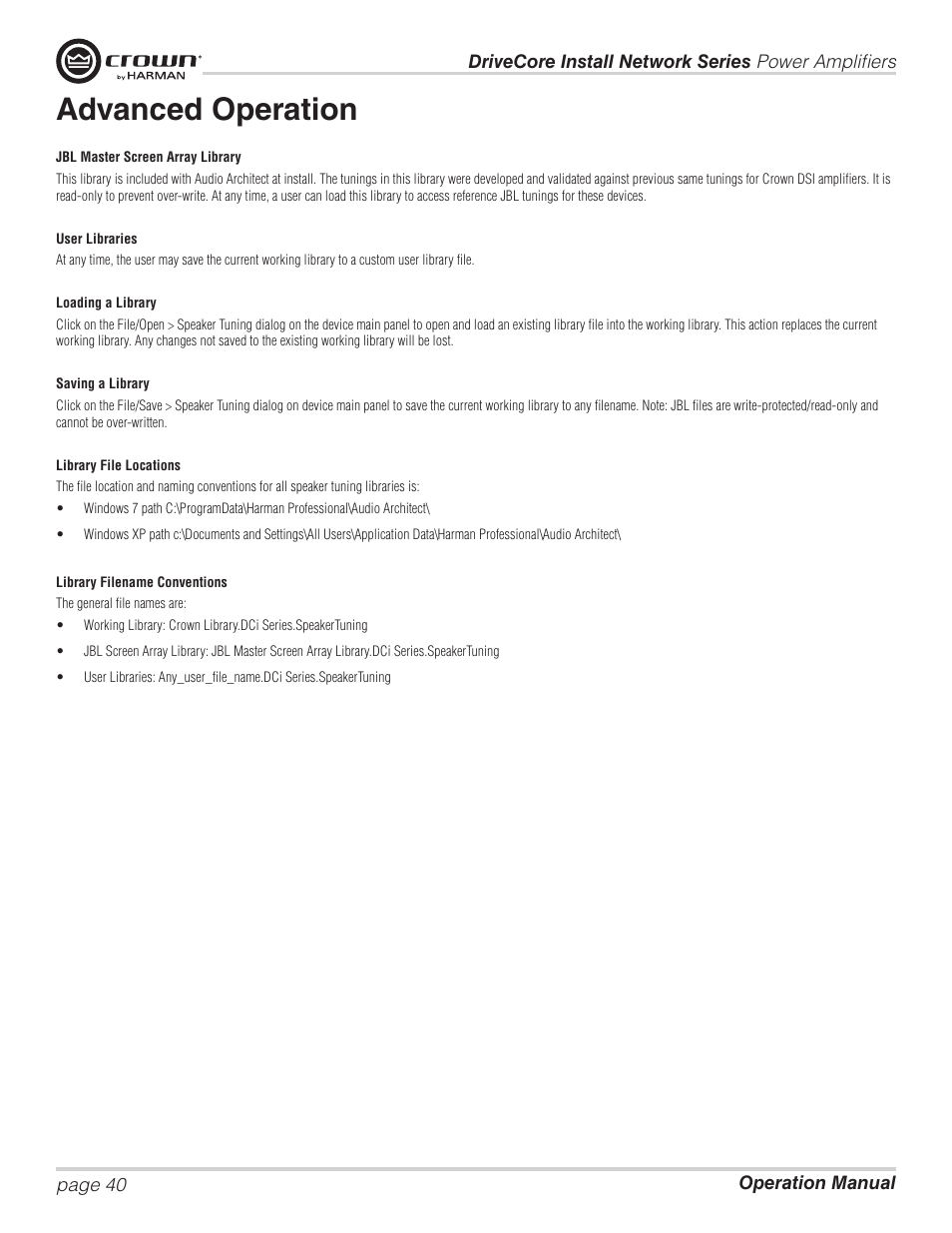 Advanced operation | Crown Audio DCi Series – Network Input Models User Manual | Page 40 / 66
