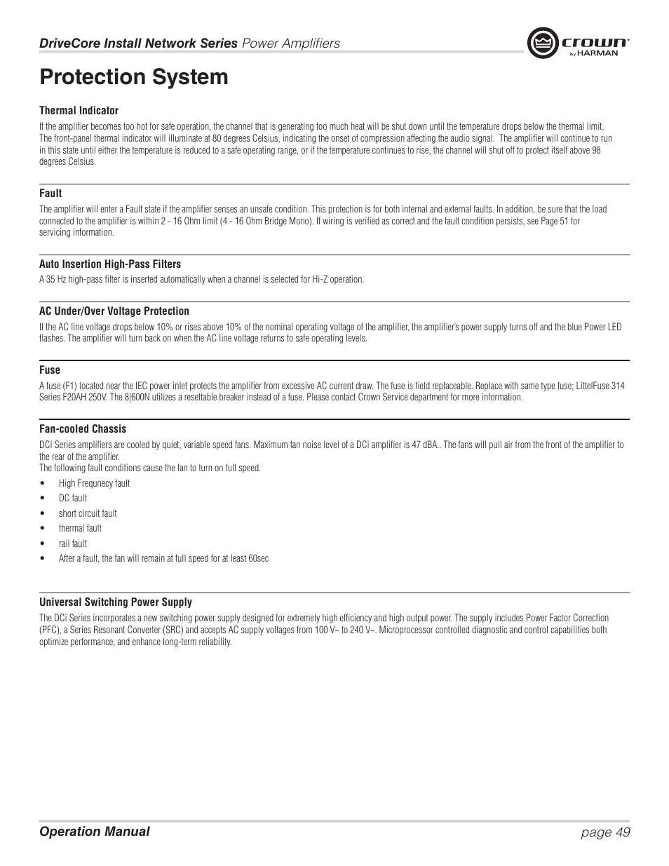 Protection system | Crown Audio DCi Series – Network Input Models User Manual | Page 49 / 66