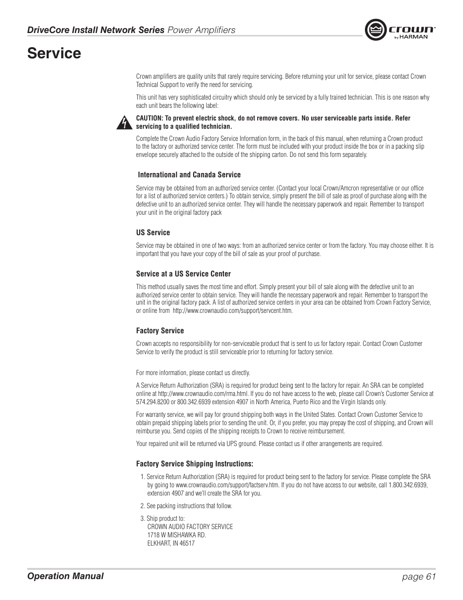 Service | Crown Audio DCi Series – Network Input Models User Manual | Page 61 / 66