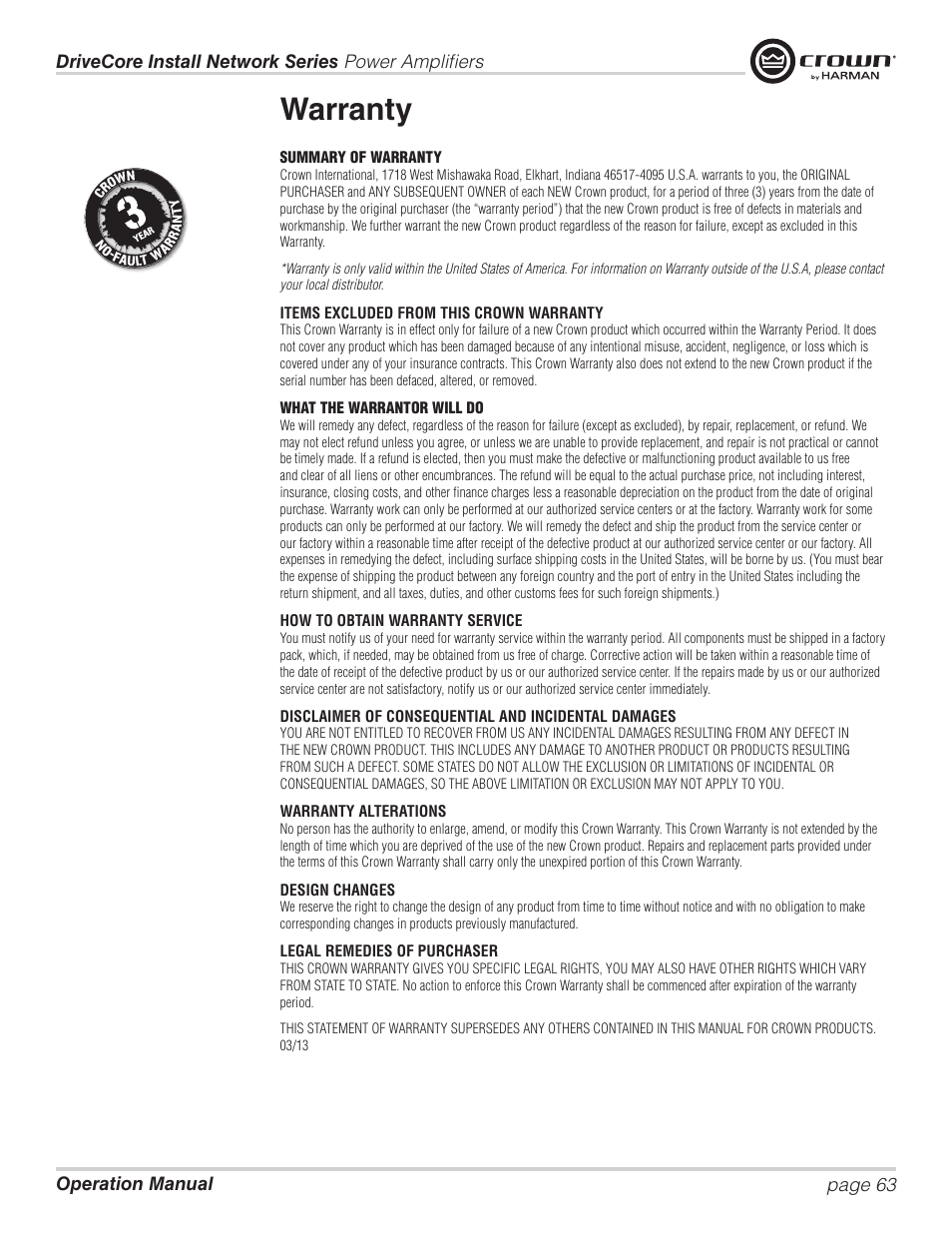 Warranty | Crown Audio DCi Series – Network Input Models User Manual | Page 63 / 66