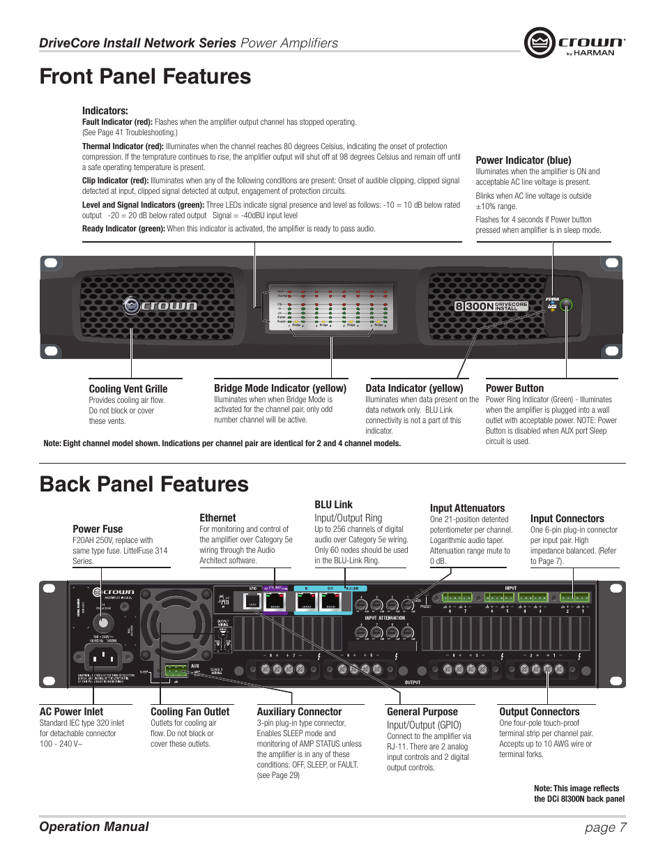 Front panel features back panel features | Crown Audio DCi Series – Network Input Models User Manual | Page 7 / 66