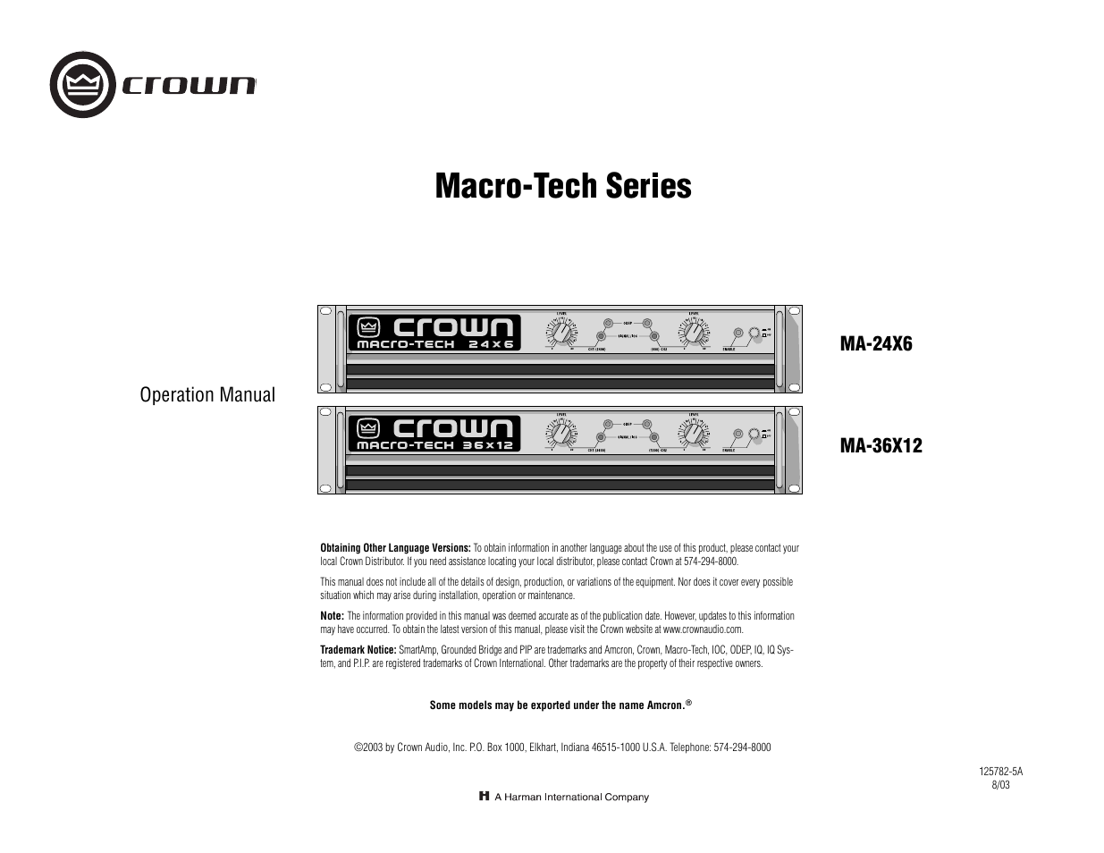Crown Audio Macro-Tech Series (24x6 & 36x12) User Manual | 32 pages
